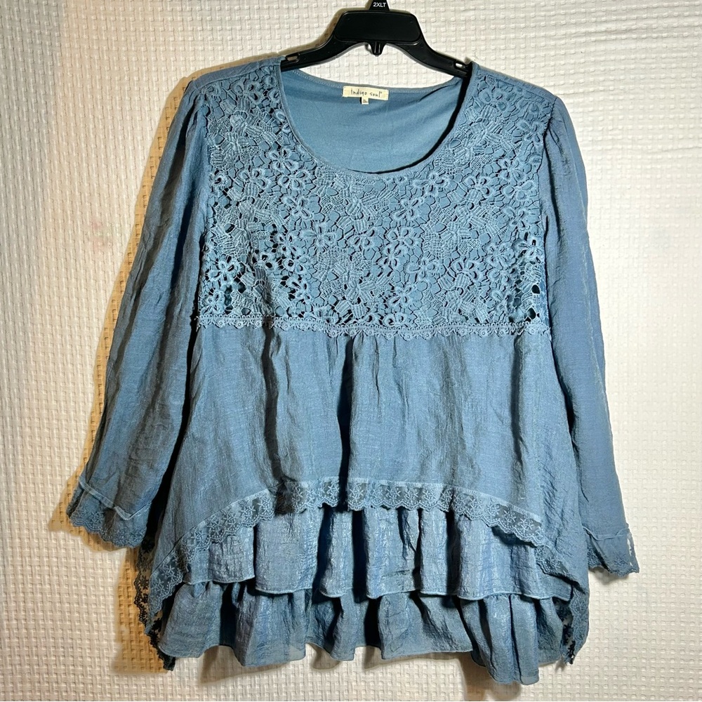 Indigo Soul Tiered Tunic Top Lace Overlay Details Boho Blue Womens Size L - Picture 1 of 11